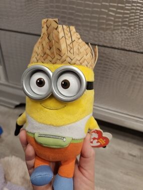 Ty Yellow Minion Plush with Straw Hat and Orange Outfit